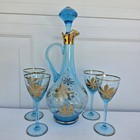 Vtg Romanian Aqua Blue Glass Decanter Set 4 Glasses Stopper Gold Floral Mcm 15 