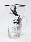 Glass Cocktail Pitcher Flying Geese - Sterling Silver Overlay Mcm 6  Tall