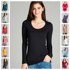 Womens Stretch Cotton Scoop Neck Long Sleeve Fitted T Shirt Top S-3x