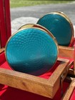Gold tuquoise Guilloche Germany 1930s Cosmetic Compact W  Double Sided Mirror