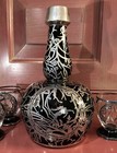 Rockwell Silver Co  Sterling Overlay Old Black Bottle Gazelle W Original Glasses