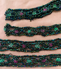 Set 4 Antique Beaded Trim Strips W Matching Pattern Blk rose green On Net 3 4  W