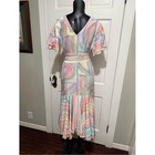 Vintage 1990s Pastel Abstract Long Short Sleeve Dress Size 10 With Belt Ruffle