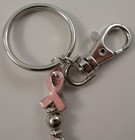 Rhinestone Bling Pink Ribbon Breast Cancer Silver Tone Key Chain Purse Charm Fob