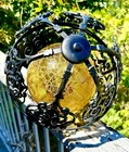 Vtg  60s Caged Crackled Amber  And Wrought Iron Light Globe Fixture Euc Mcm 14 