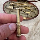 Antique 18th C  Victorian Sewing Kit In Wooden Case French Gold Tone Travel Set