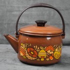 Vintage Brown Enamel Teapot Mushroom Floral Design Metal Handle Retro Kettle 70s