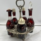 Antique Victorian Ruby Red Bohemian Glass 5 Bottle Cruet Set Silver Plate Caddy