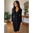 Black Ribbed Knit Button Down Midi Dress Long Sleeve Tie Waist V-neck Bodycon