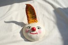 Vtg Mexican Folk Art Rattle Mask Smiley Face Red Nose Child Like Clown Patina