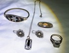 Vtg925 Lot blk Dia Rg 8 blisterl Pin-prl Lace Eargs-abmop Brct-onyxnecklace18 