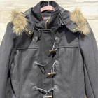 Alpine Swiss Duffle Coat Women Small Black Faux Fur Hood Toggle Wool Blend Euc