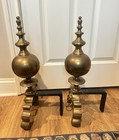 Antique Brass Andirons Lion Head Ring Pull Ornate Fireplace Set Pair