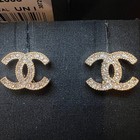 100  Authentic Vintage Chanel Cc Logo Crystal Gold Tone Earrings A42175