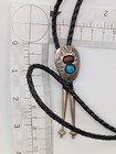 Vintage Sterling Silver Turquoise   Red Coral Bolo Tie Black Leather Silver Tips