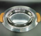Vintage Silver Chrome Serving Dish Bowl Mid Century Modern Decor Wood Handles