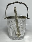 Vintage Crystal Cut Glass Ice Bucket With Silver Accents   Tongs