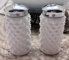Vintage Fenton White Milk Glass Hobnail Salt   Pepper Shakers Chrome Lids label