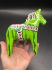 Vintage Rare Green Hand Painted Swedish Wooden Dala Horse Signed By Artist 5 