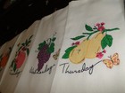 5 Vint Lg Flour Sack Kitchen Towels  Embroidery Sun Thru Fri  Cut Work  Had Sewn