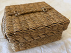 Antique Wicker Sewing Basket Lidded Box Intricate Weaving Look At Bottom 