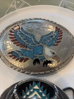  2vintage 1980   s Turquoise  Coral Inlaid Eagle Belt Buckle  Ssi Silver Plate Usa