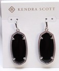 Kendra Scott Elle Silver Tone Drop Earrings In Black Opaque Glass New