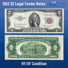     One 1953 Red Seal  2 Dollar Legal Tender Notes  Vf xf  Old Us Two Dollar Bill