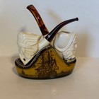 Vintage Briar Estate Tobacco Pipe Set 2 Meerschaum Display Pirate Ship Face Rare