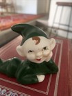 Vtg Mcm Elf Figurine Christmas Pixie Boy Sculpture Green Ceramic Laying Down 