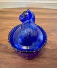 Hen On Nest Cat Kitten On Nest Basket Cobalt Blue Vintage Glass Candy Dish Euc