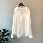 Women   s Satin Silk Button Up Shirt Vintage Long Sleeve Loose White Blouse