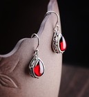 Women Teardrop Red Garnet Dangle Earring Retro Filigree Silver Tone Hook Earring