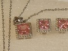 Sterling Silver With Created Square Pink Topaz Necklace   Earrings Set