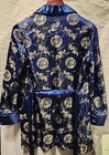 Vintage 70 s Solz Squirrel  Men s Blue Satin Smoking Jacket  Brocade Silver   
