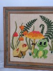 70s Vintage Boho Mushroom Frog Crewel Yarn Needlepoint