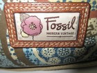 Fossil Modern Vtg Canvas Crossbody Bag Purse Corduroy Brown Blue Tan Key Fob