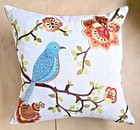 Nina Home Campbell 18  Tan Blue Bird Floral Embroidered Decorative Cotton Pillow