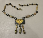 Antique Czech Fabulous Early Art Deco Black Glass   Brass Necklace