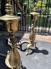 Vintage Brass   Cast Iron Fireplace Andirons Federal Style 19    Tall