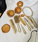 Vtg Bakelite Celluloid Dresser Vanity Set 10pcs Art Deco Blue Amber Stones -read