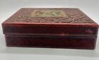 Antique Chinese Deep Vivid Red Carved Cinnabar Box Flower Motif Jade Inlay