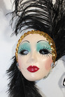 Vintage Clay Art Mask Glossy Ceramic Feathers Doll Face And Cat Excellent