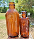 Lot Of 2 Antique Vintage Glass Amber Brown Bottles 5  And 6   Tall