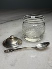 Vintage Webster Mustard Pot Etched Glass Sterling Lid   Bonus Hotel Astor Spoon