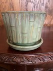 Vintage Mccoy 0373 Planter Flower Pot Pottery Green Bamboo W  Saucer Mid Century