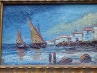 Antique Oil Painting Seascape French Boats Framed Old European Original Vintage