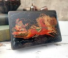 Vintage Russian Palekh Lacquer Box Hand Painted Signed Troika 3-horse Sleigh