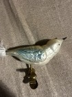 Vintage 1970 s Mercury Glass Clip On Bird Ornament  White blue White Feather