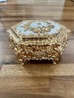 Vintage Ornate Gold-tone Footed Jewelry trinket Box Embossed Floral Pattern